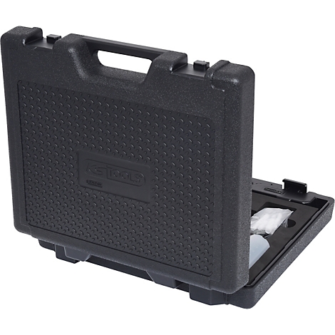 Schwarzer Werkzeugkoffer, teilweise geöffnet. Griff oben, Logo auf der Front. Im Inneren Werkzeugteile sichtbar.